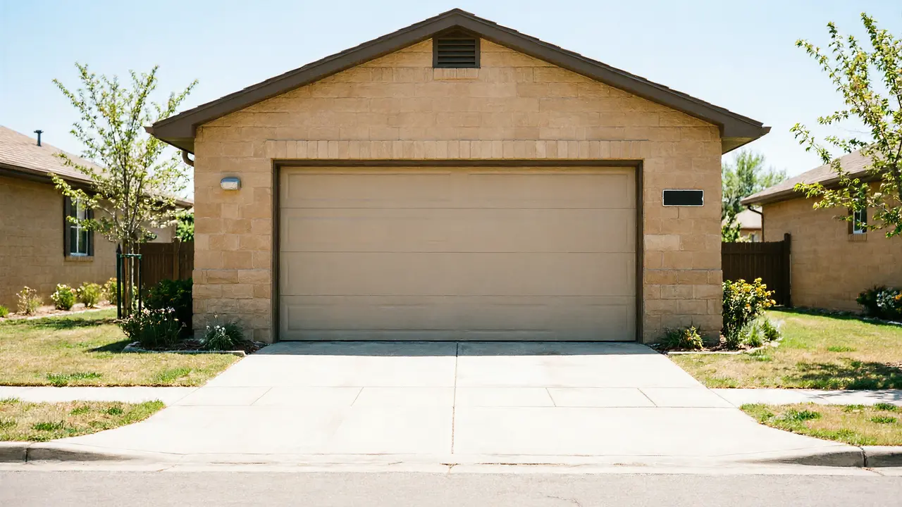The house has a tan garage door and a light brown brick exterior.