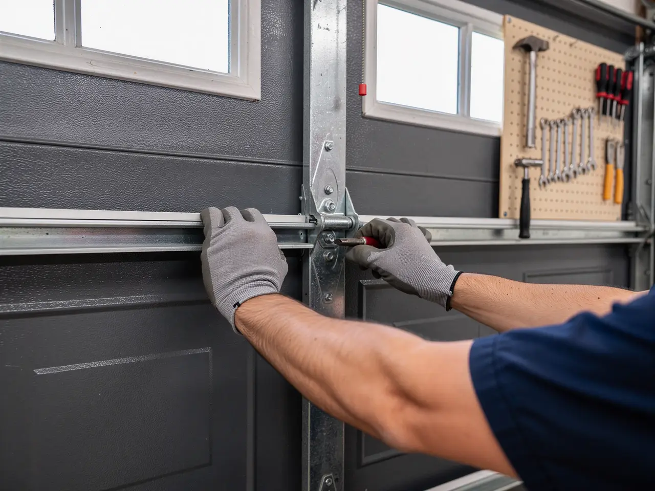 A technician in gloves adjusts a garage door hinge with a screwdriver.