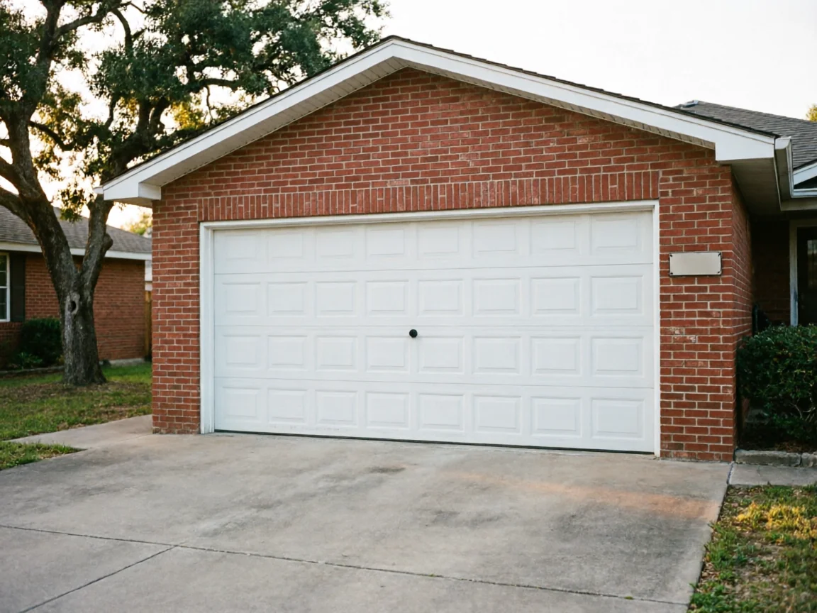 A white garage door is on a red brick house with a concrete driveway.